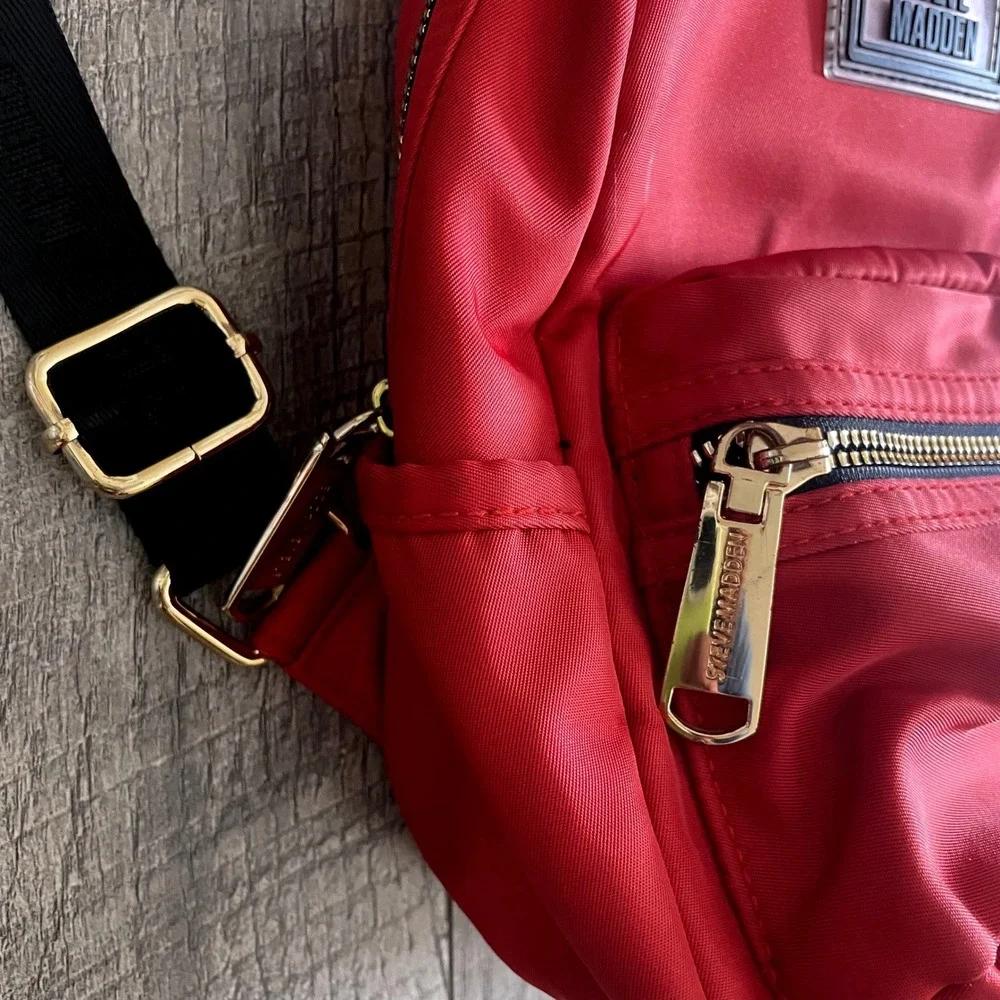 Steve Madden Red Nylon Mini Backpack Logo Webbing Straps Gold Hardware